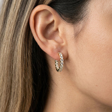 2.6ct moissanite hoop earrings gold finish close up on model - Sensitive Stones