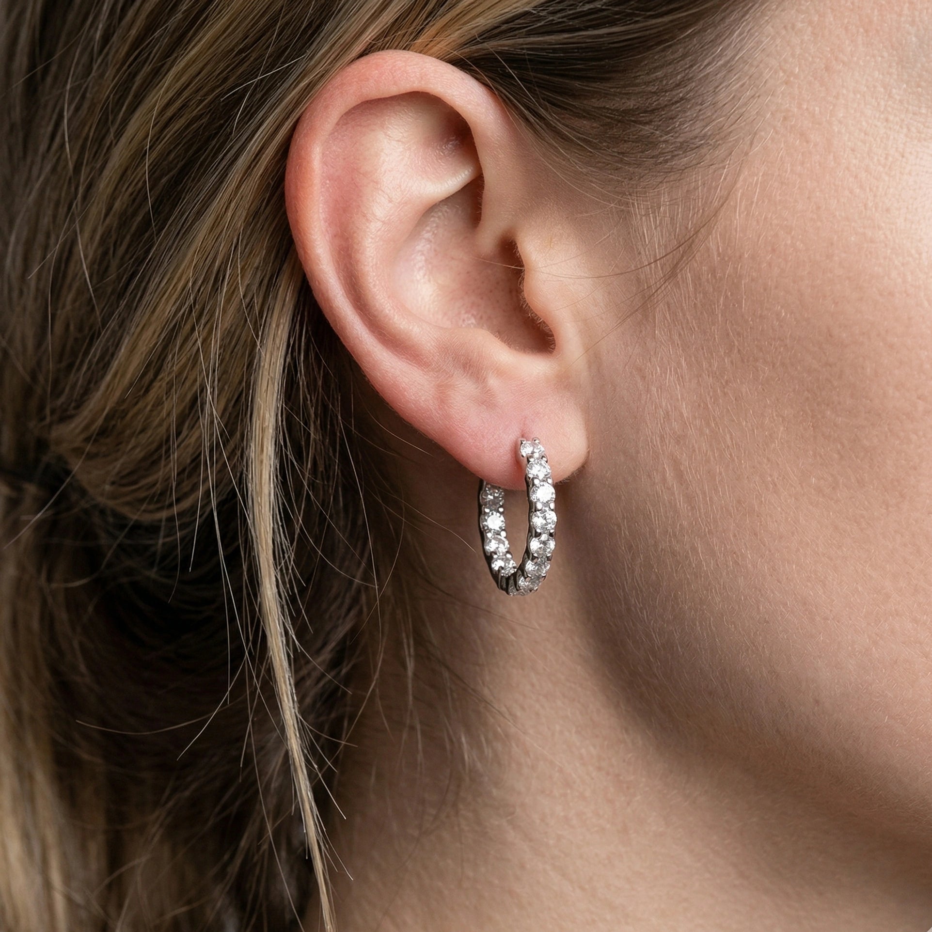  2.6ct moissanite hoop earrings white gold finish worn by model - Sensitive Stones