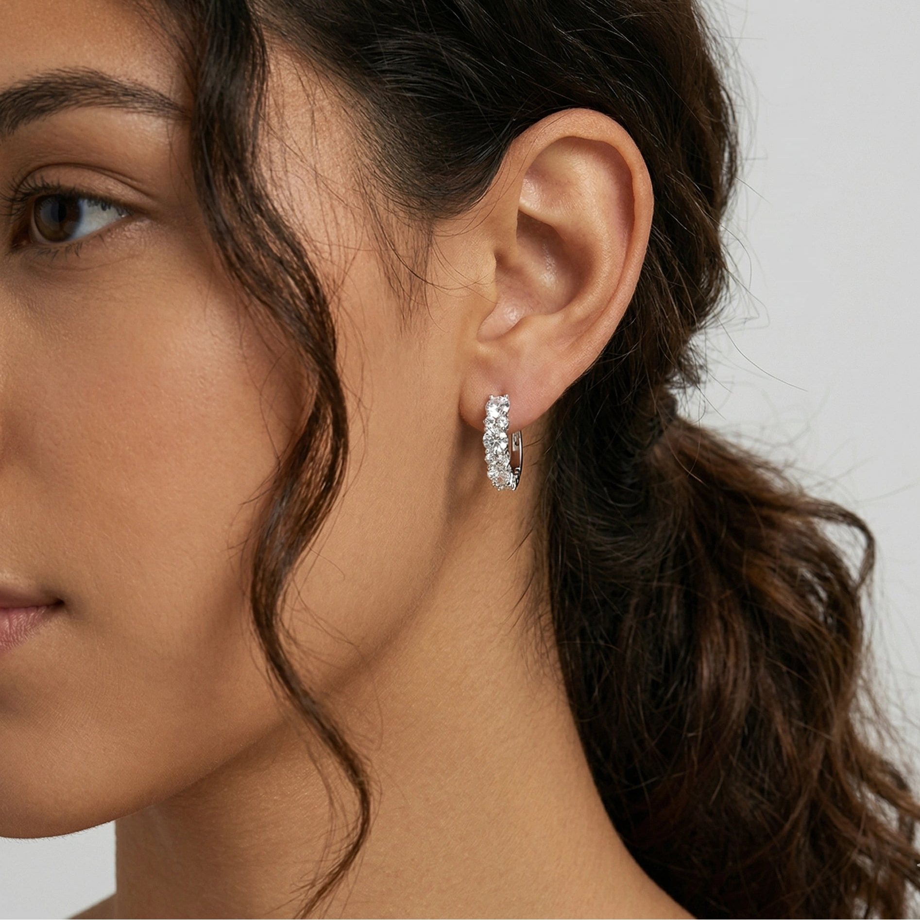 Moissanite hoop earrings 925 sterling silver white gold plated on model - Sensitive Stones