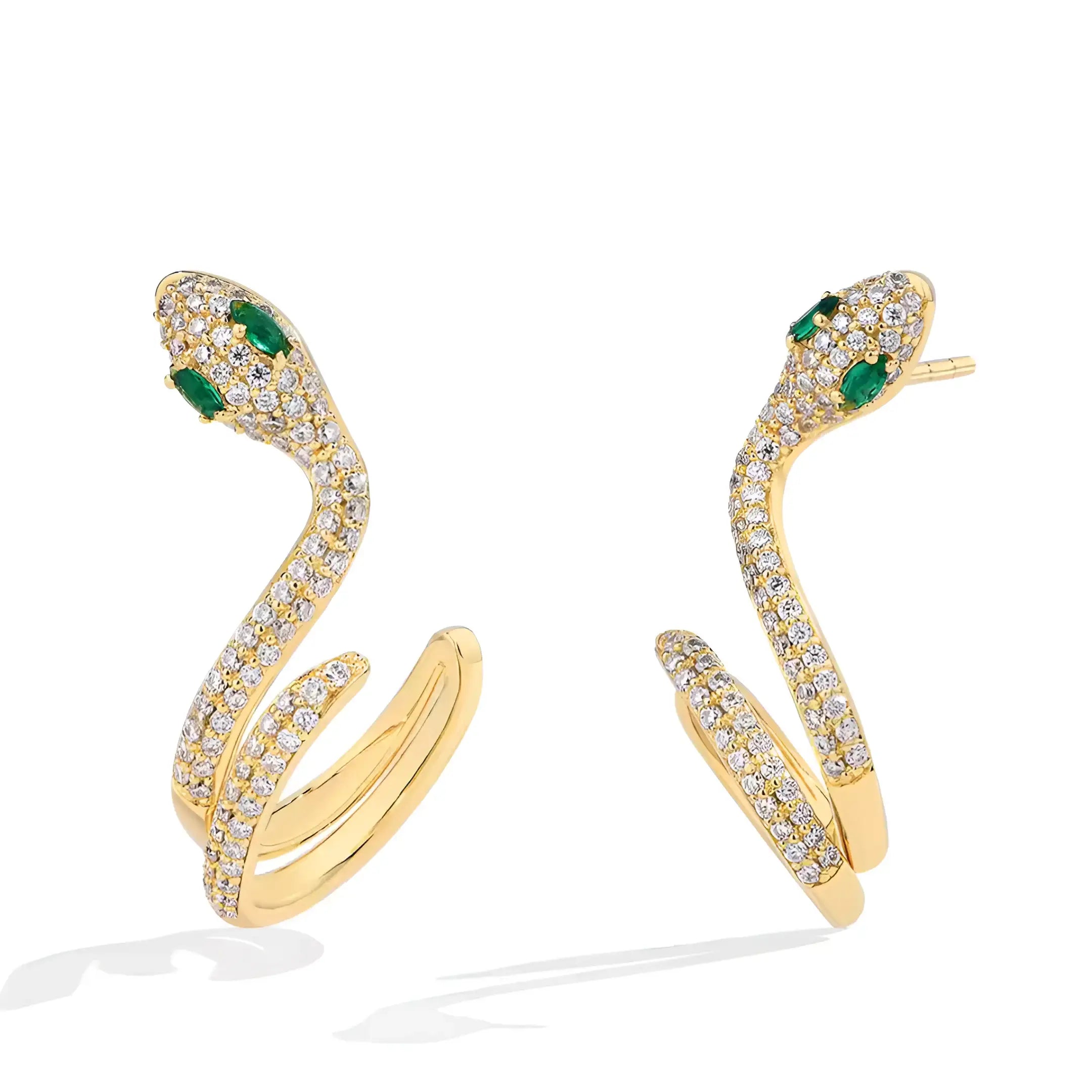 Gold-plated snake climber earrings featuring moissanite stones and marquise-cut green nano gemstones, displaying elegant serpent wrap design from front view - Sensitive Stones