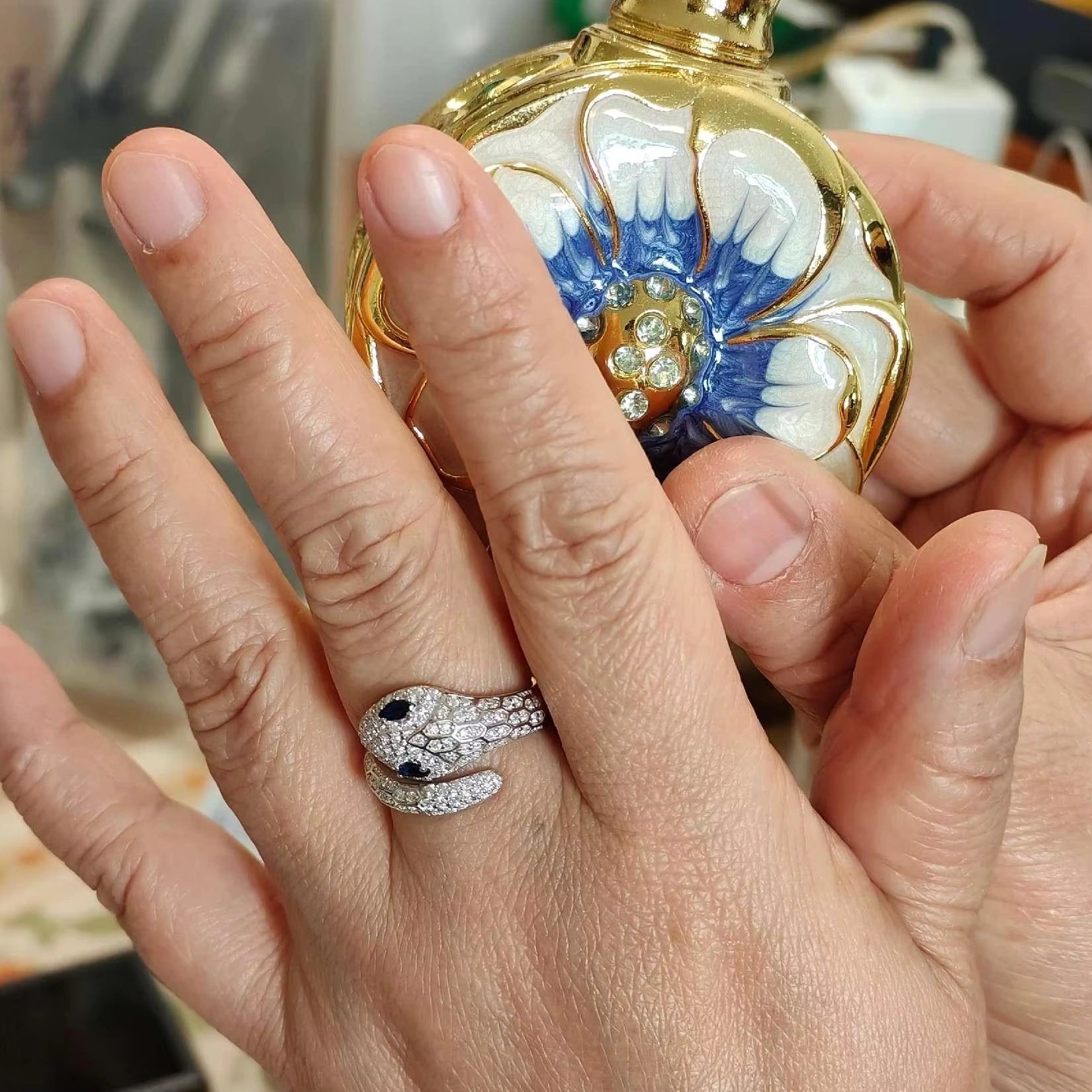 Elegant 2025 Moissanite Snake Ring in Gold Plated 925 Silver worn on hand, featuring dazzling pavé details.