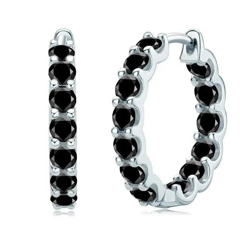 Black moissanite small hoop earrings in sterling-silver basket, modern edgy style – Sensitive Stones