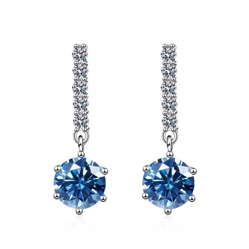 Royal blue moissanite drop dangle earrings 2ct with clear cubic zirconia accent stones - Sensitive Stones