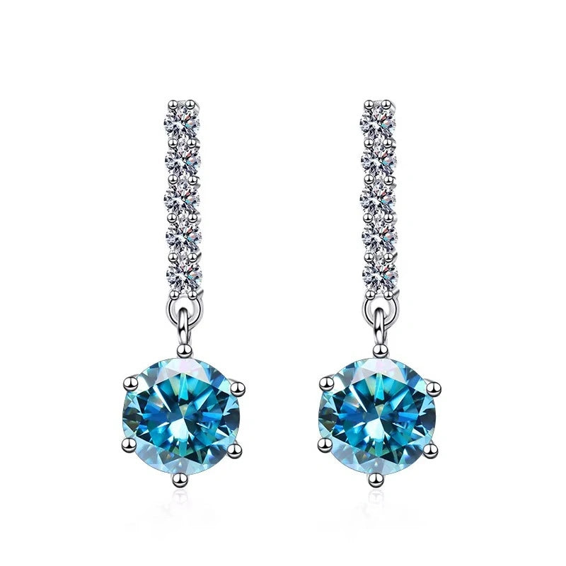 Sea blue moissanite drop dangle earrings 2ct with clear cubic zirconia accent stones - Sensitive Stones