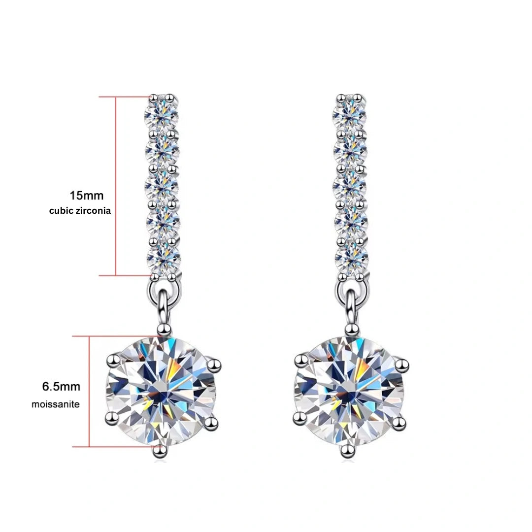 White moissanite dangle earrings size guide 6.5mm moissanite stone with 15mm bar measurement - Sensitive Stones
