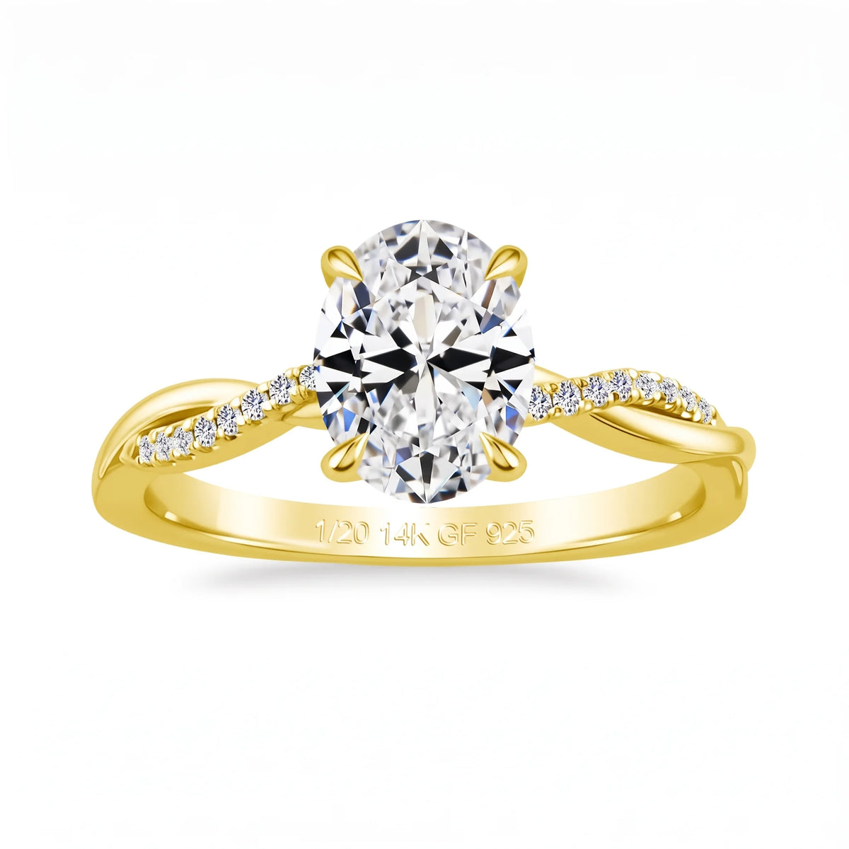 2ct oval moissanite engagement ring in 14K gold filled seen from above, showing the 1/20 14K GF 925 hallmark inside the band - Sensitive Stones