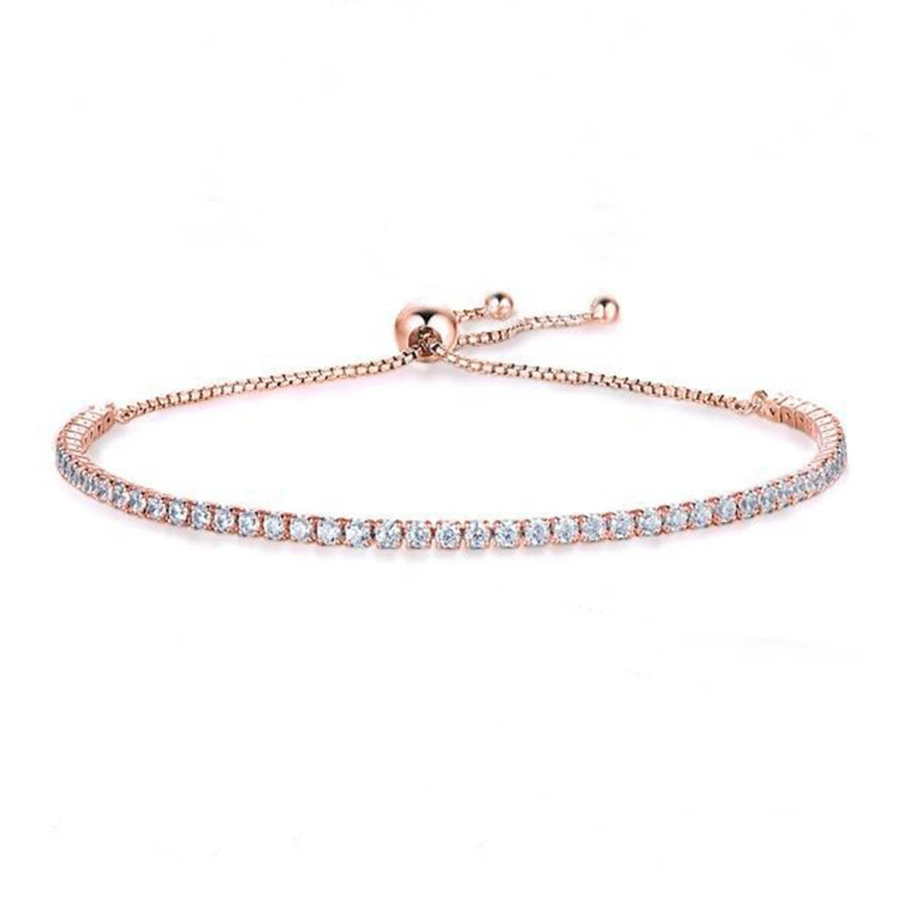 2mm moissanite bolo tennis bracelet in 18K rose gold plating on white background showing adjustable bolo closure and 1.68ct total moissanite - Sensitive Stones