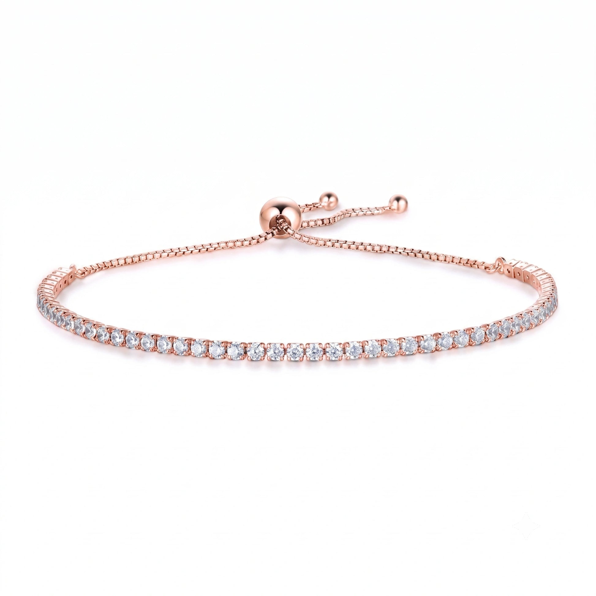2mm moissanite bolo tennis bracelet in 18K rose gold plating on white background showing adjustable bolo closure and 1.68ct total moissanite - Sensitive Stones