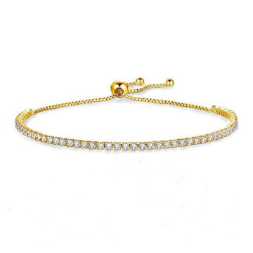 2mm moissanite bolo tennis bracelet in 18K yellow gold plating on white background showing 56 stones and sliding bolo adjustment closure - Sensitive Stones