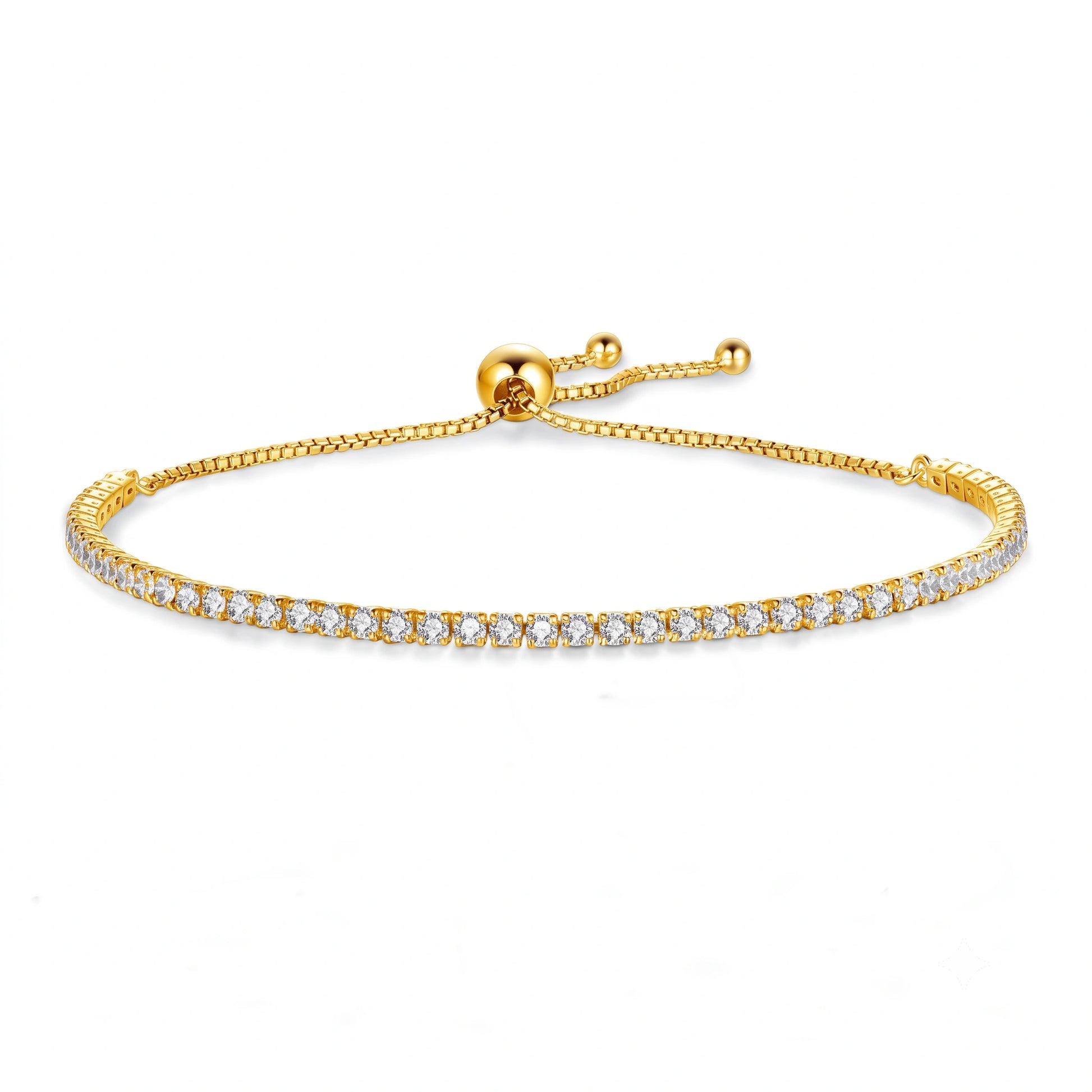 2mm moissanite bolo tennis bracelet in 18K yellow gold plating on white background showing 56 stones and sliding bolo adjustment closure - Sensitive Stones