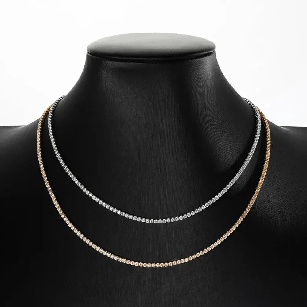 White gold and yellow gold 2mm moissanite tennis choker necklaces shown at different adjustable lengths on a black bust, D VVS1 stones in 925 sterling silver - Sensitive Stones