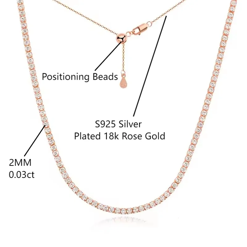 2mm moissanite tennis choker necklace specs showing 925 sterling silver 18K rose gold plating and positioning bead closure - Sensitive Stones