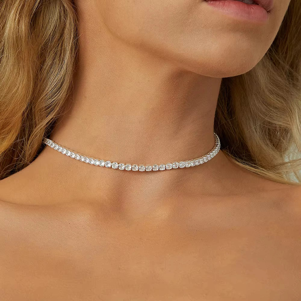 2mm moissanite tennis choker necklace in 18K white gold plating worn on model showing full choker coverage - Sensitive Stones