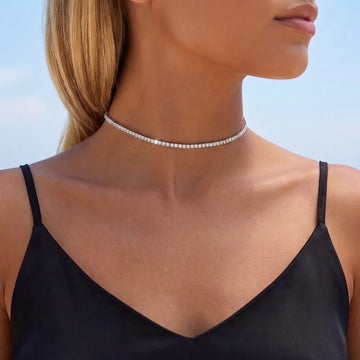 2mm moissanite tennis choker necklace in 18K white gold plating worn on model showing full choker coverage - Sensitive Stones