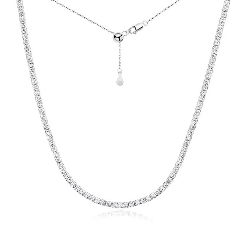 2mm moissanite tennis choker necklace in 18K white gold plating with positioning bead closure on white background - Sensitive Stones