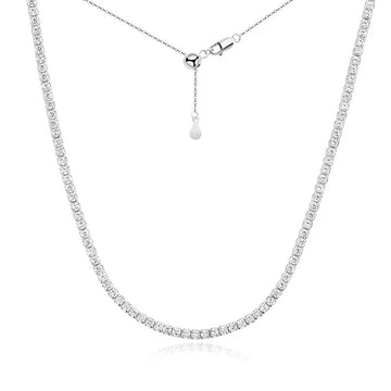 2mm moissanite tennis choker necklace in 18K white gold plating with positioning bead closure on white background - Sensitive Stones