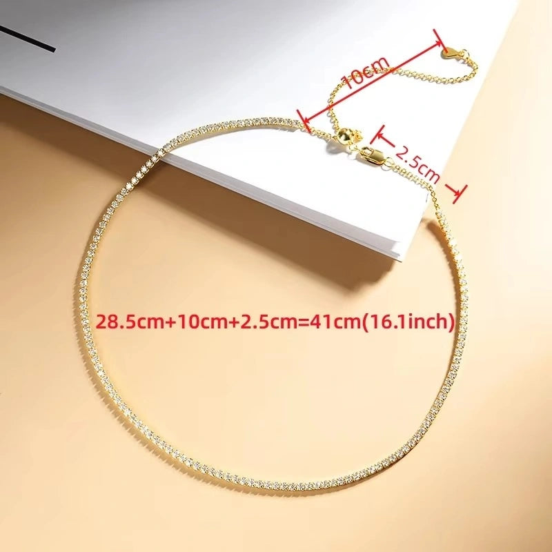  2mm moissanite tennis choker necklace size diagram showing 41cm total adjustable length in 18K yellow gold plating - Sensitive Stones