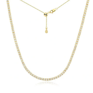 2mm moissanite tennis choker necklace in 18K yellow gold plating with positioning bead closure on white background - Sensitive Stones