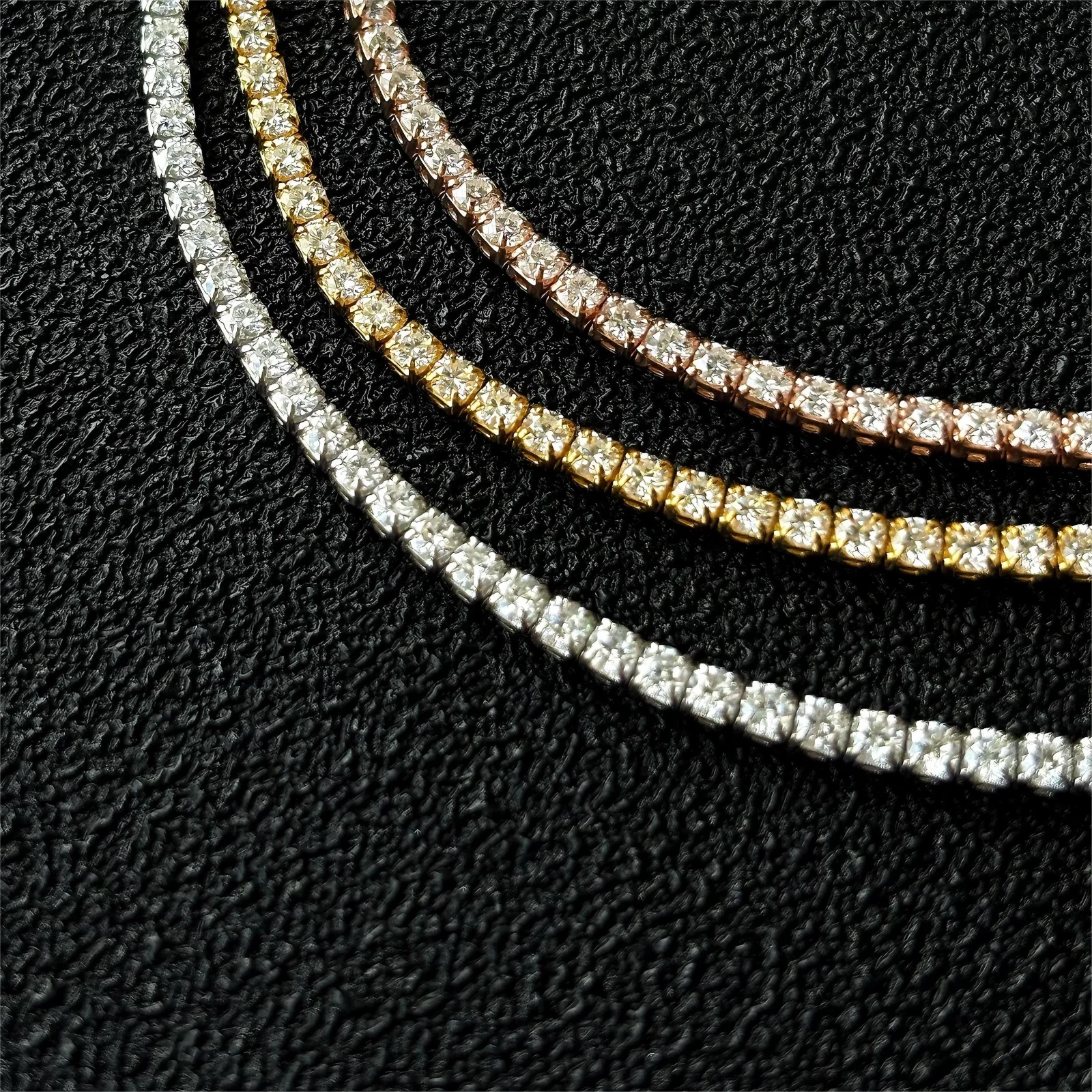 2mm moissanite tennis choker necklace in yellow gold, white gold and rose gold side by side on black background - Sensitive Stones