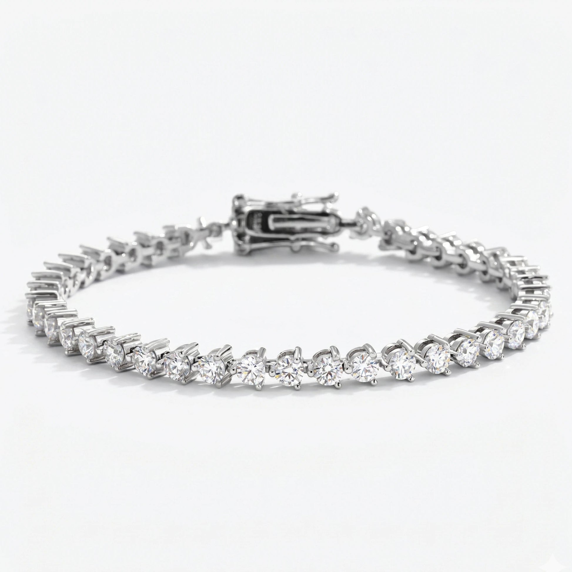 3mm moissanite tennis bracelet with 3-prong setting on white background - Sensitive Stones
