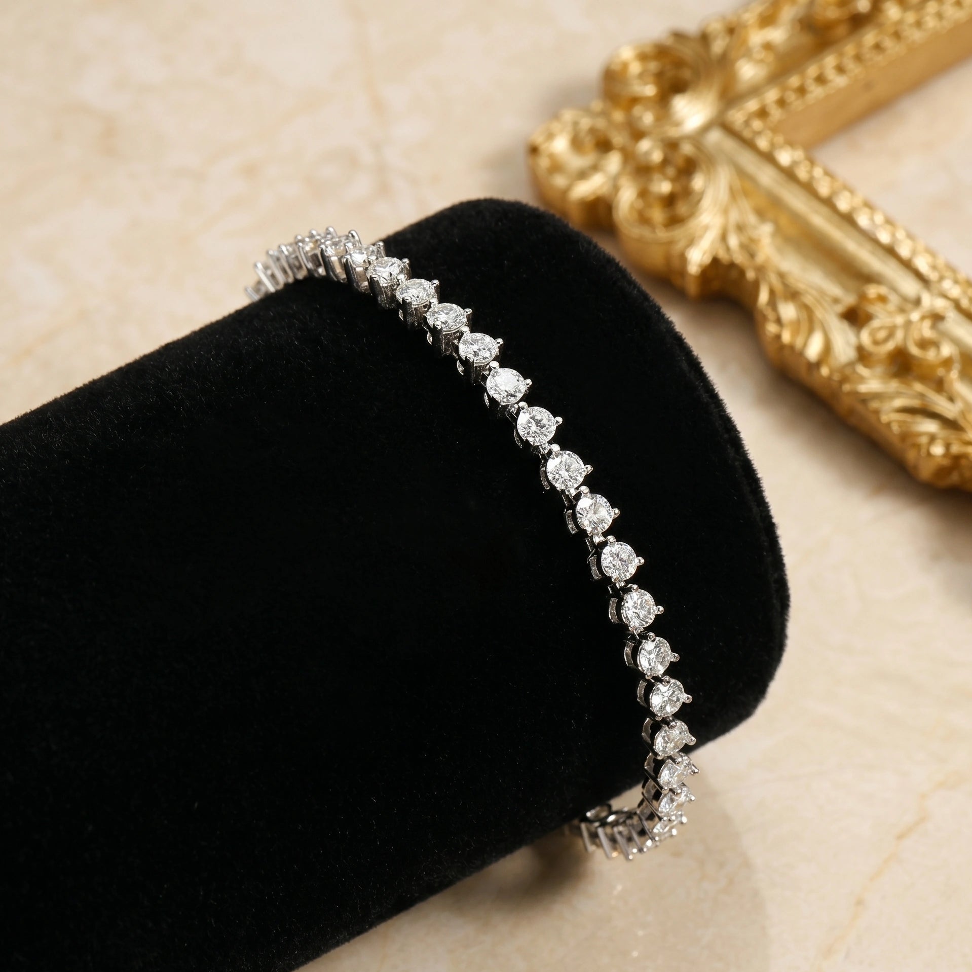 Moissanite tennis bracelet elegantly displayed, 3mm round stones in 3-prong setting - Sensitive Stones