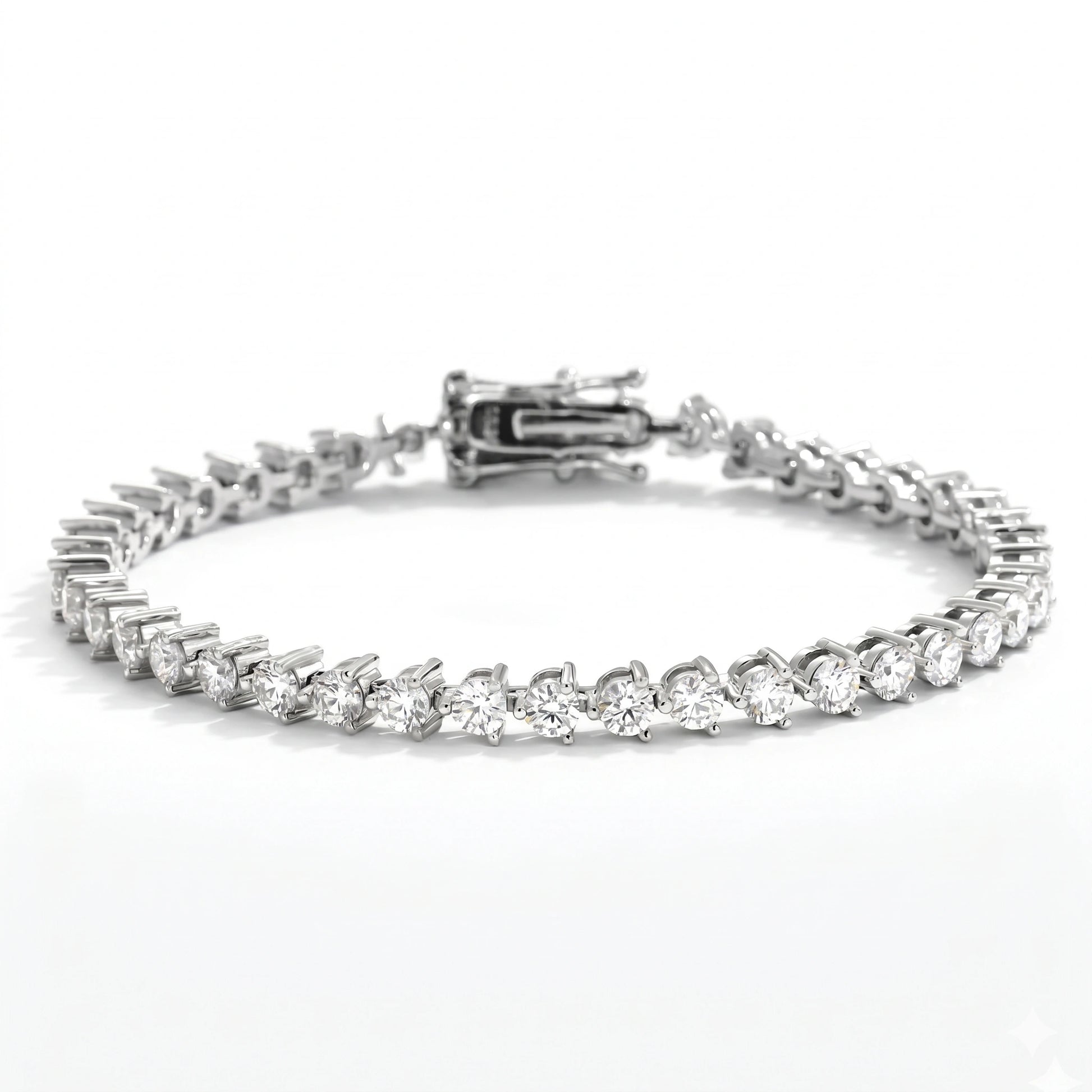 3mm moissanite tennis bracelet with 3-prong setting on white background - Sensitive Stones