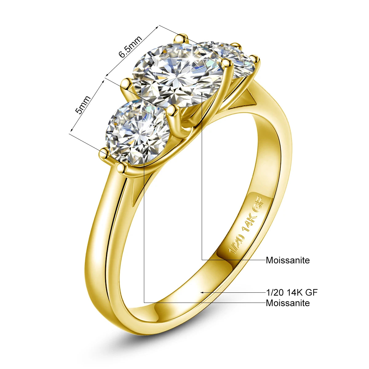 Specifications for the 3 stone moissanite ring in 14K gold filled: 6.5mm 1ct centre, 5mm 0.5ct sides, stamped 1/20 14K GF - Sensitive Stones