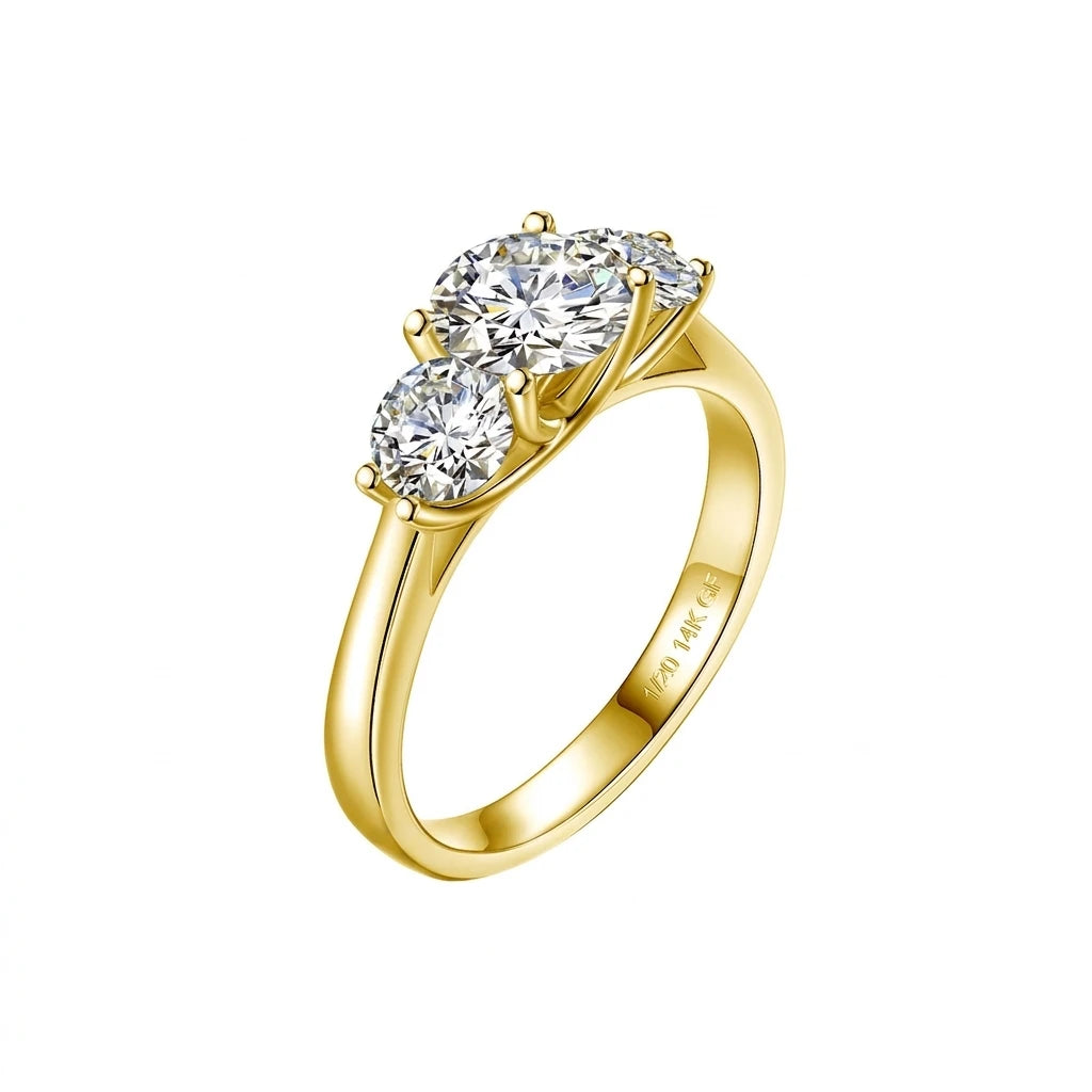 3 stone moissanite engagement ring in 14K gold filled, angled view of the 1ct centre and 0.5ct side stones - Sensitive Stones