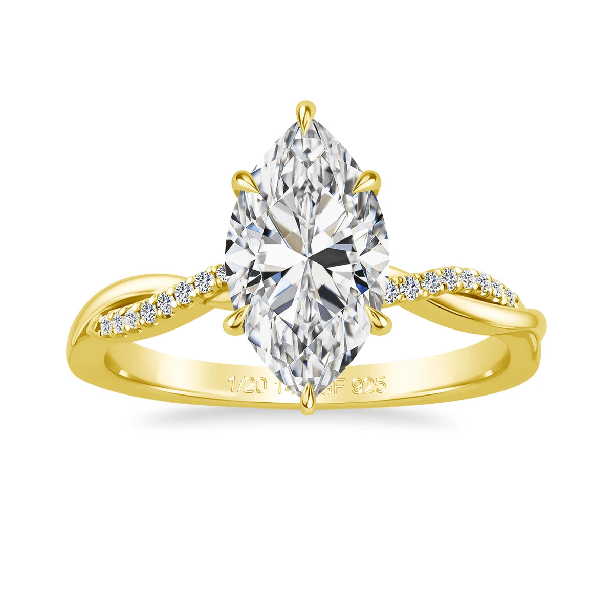 3ct marquise moissanite engagement ring in 14K gold filled on a twisted cubic zirconia pavé shank in a six-prong setting - Sensitive Stones