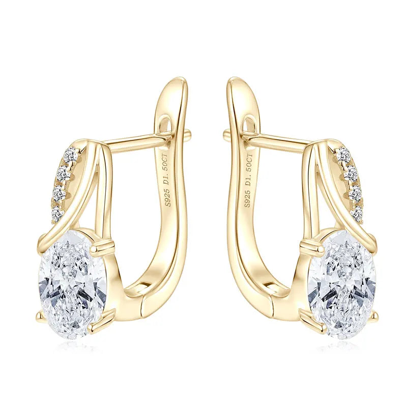 Pair of 3CT oval Moissanite Huggie hoop earrings, D color VVS1, 925 sterling silver, gold plating - Sensitive Stones
