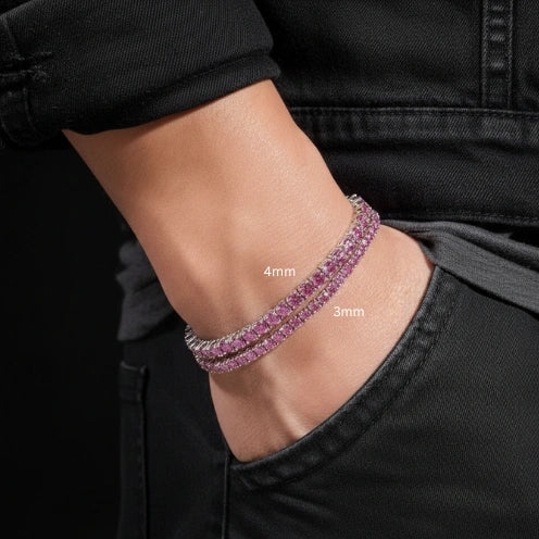 3mm and 4mm pink moissanite tennis bracelets on a man's wrist styled with black outfit - Sensitive Stones