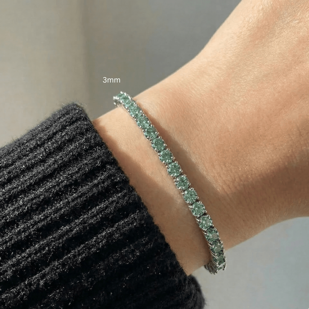 3mm green moissanite tennis bracelet in 925 silver worn on wrist - Sensitive Stones