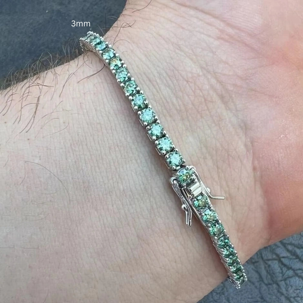 3mm green moissanite tennis bracelet worn on male wrist showing fit and clasp detail - Sensitive Stones