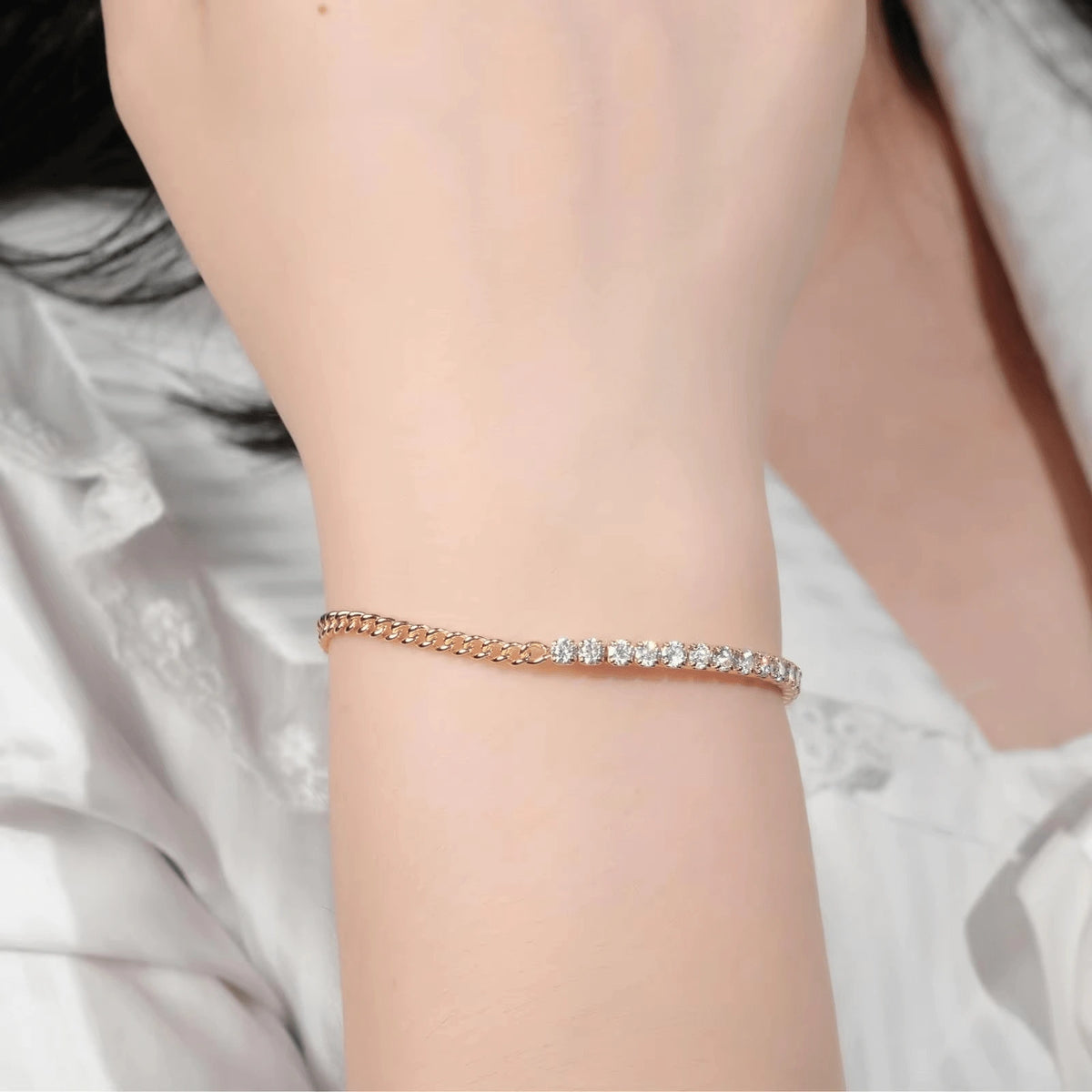 3mm half moissanite tennis bracelet and half Cuban link for women, 925 sterling silver with adjustable chain worn on hand