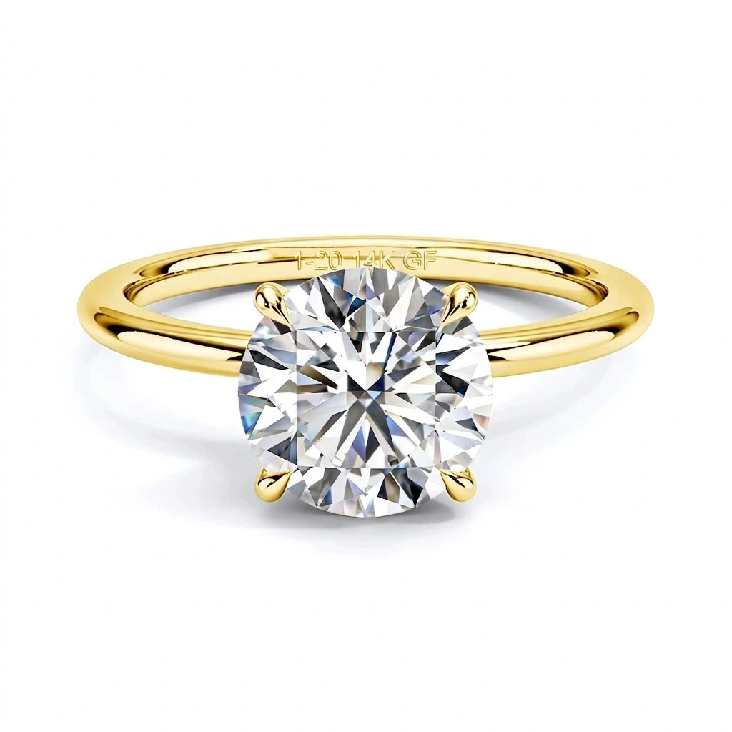 4-prong 14K gold filled moissanite solitaire ring stamped 1/20 14K GF in a white background - Sensitive Stones