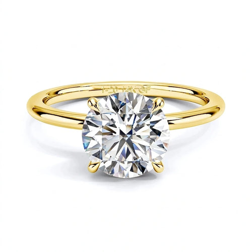 4-prong 14K gold filled moissanite solitaire ring stamped 1/20 14K GF in a white background - Sensitive Stones