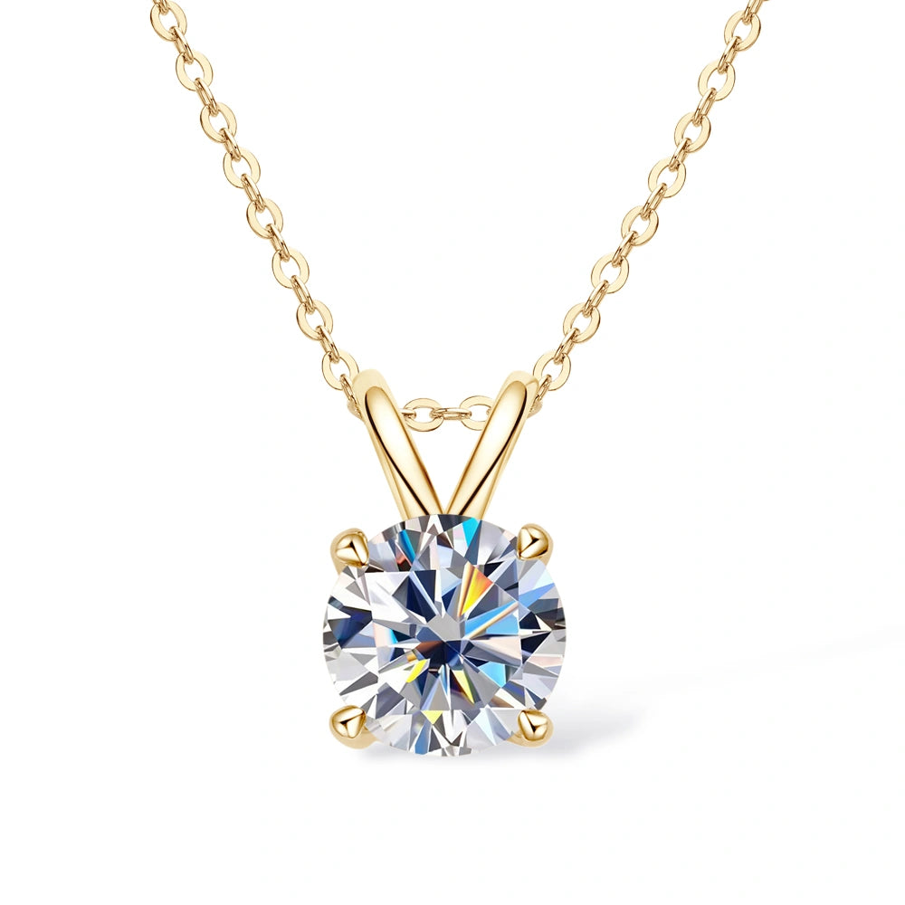 4-prong moissanite solitaire necklace in yellow gold with a round D Color moissanite set in O chain- Sensitive Stones