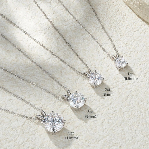 4-prong moissanite solitaire necklace stone size comparison from 1ct (6.5mm) to 5ct (11mm) - Sensitive Stones