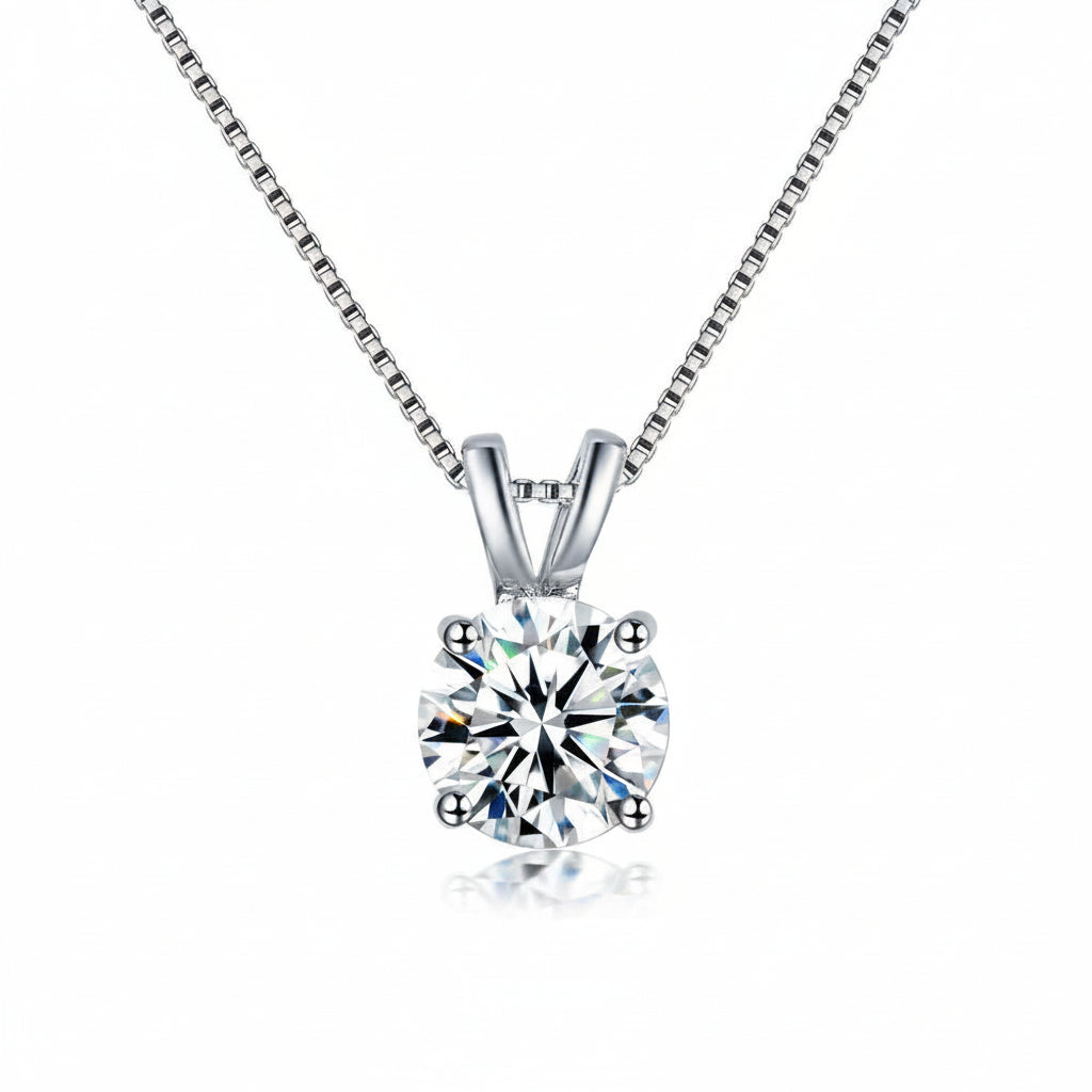 4-prong moissanite solitaire necklace in white gold on a box chain - Sensitive Stones