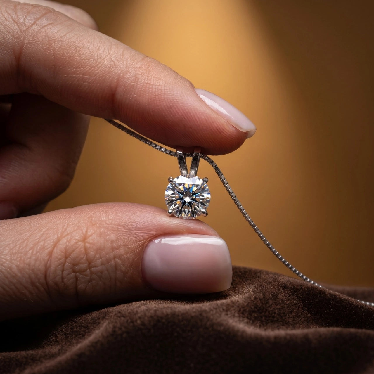 4-prong moissanite solitaire necklace in white gold held on a box chain - Sensitive Stones