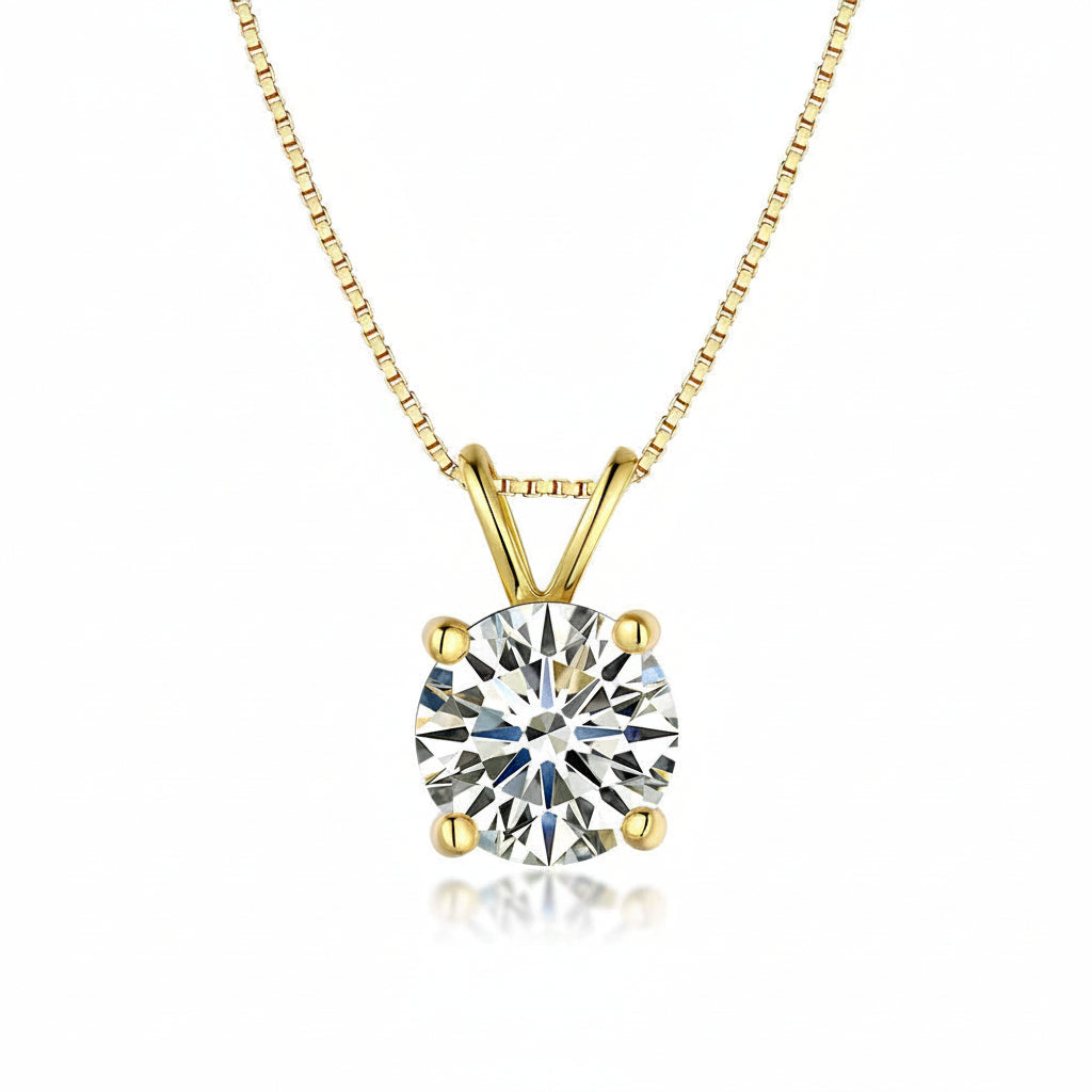4-prong moissanite solitaire necklace in yellow gold on a box chain - Sensitive Stones