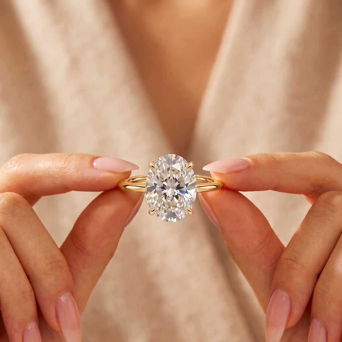 Oval moissanite engagement ring in 14K gold filled held between fingertips