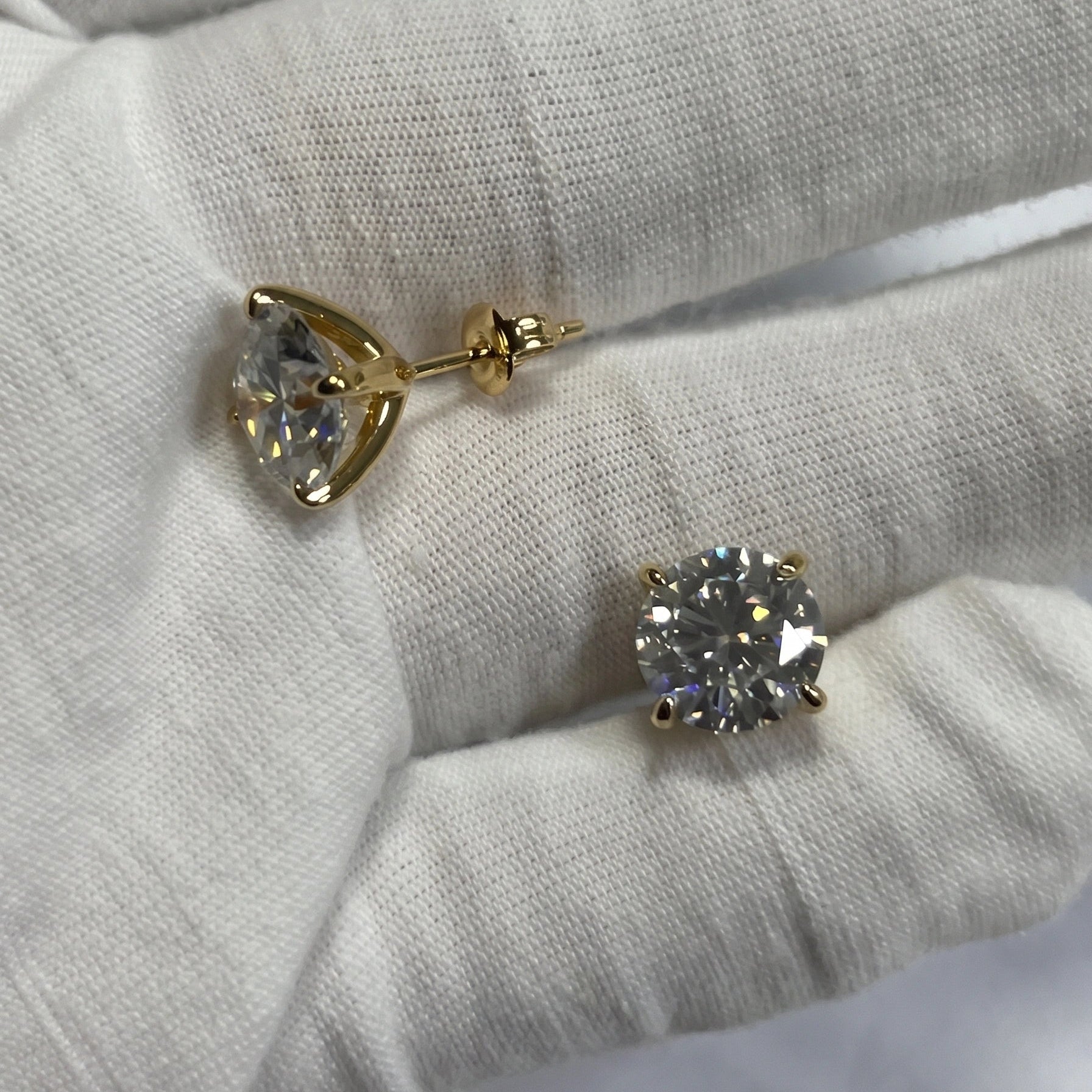 14K gold filled moissanite solitaire stud earrings in yellow gold, actual product photo showing push-back closure and stone brilliance - Sensitive Stones