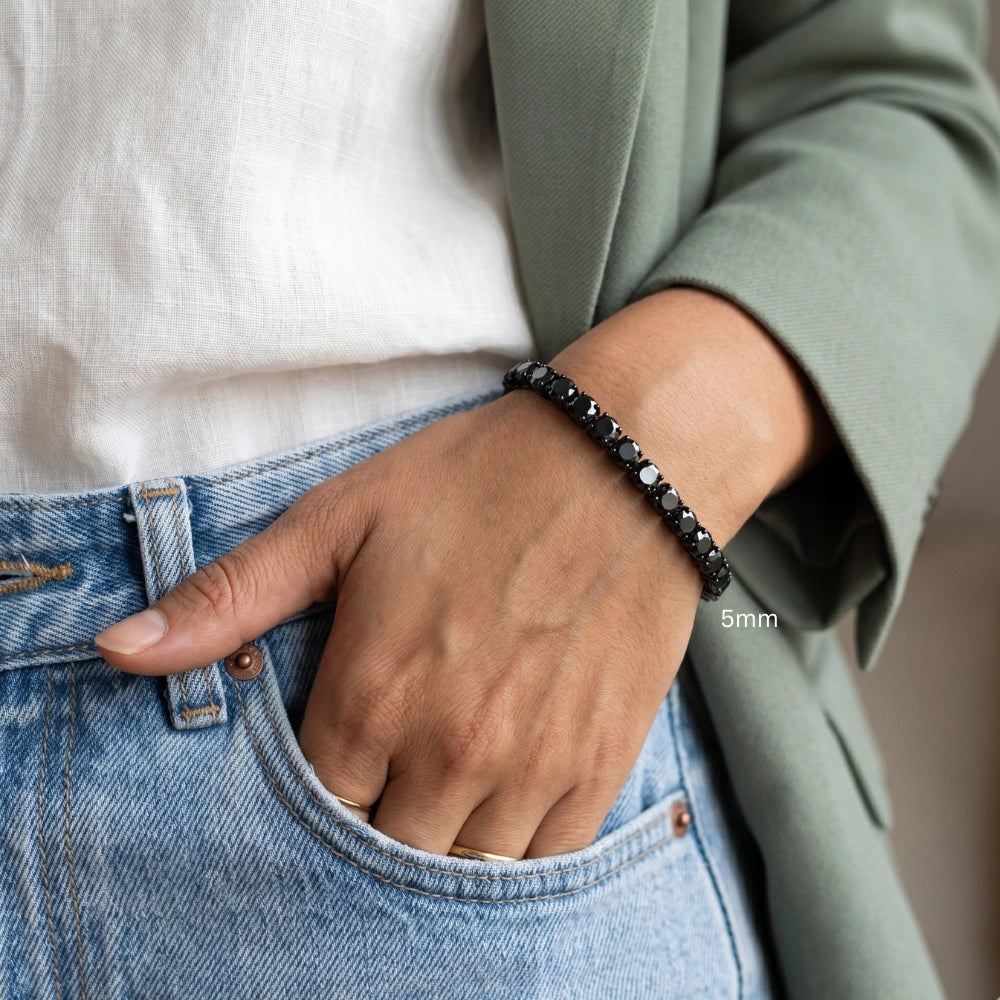 5mm black moissanite tennis bracelet worn with jeans and blazer - Sensitive Stones
