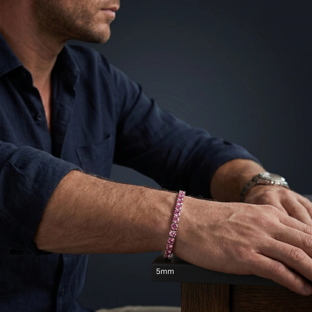 5mm pink moissanite tennis bracelets on a man's wrist styled with dark outfit - Sensitive Stones