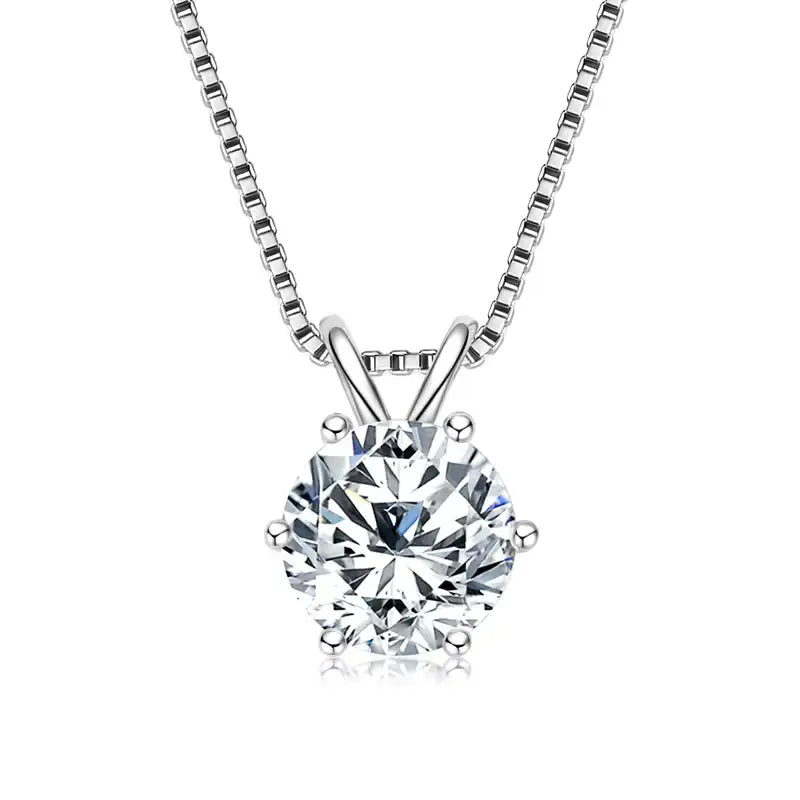 6-prong moissanite solitaire necklace in 925 sterling silver with a white gold finish on a white background - Sensitive Stones
