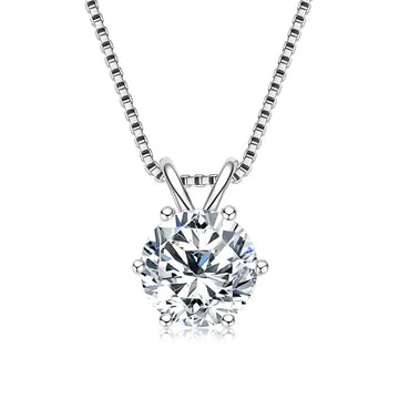 6-prong moissanite solitaire necklace in 925 sterling silver with a white gold finish on a white background - Sensitive Stones
