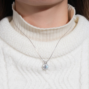 6-prong moissanite solitaire necklace in 925 sterling silver with a white gold finish worn on a model with a cream sweater - Sensitive Stones