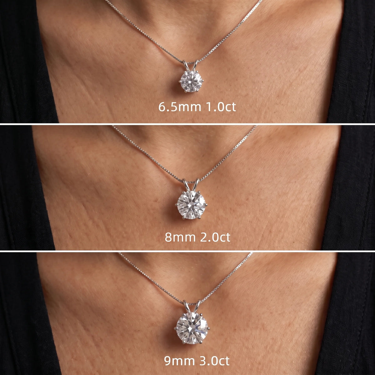 Size comparison of the 6-prong moissanite solitaire necklace in a white gold finish worn on the neck showing 6.5mm 1ct 8mm 2ct and 9mm 3ct - Sensitive Stones