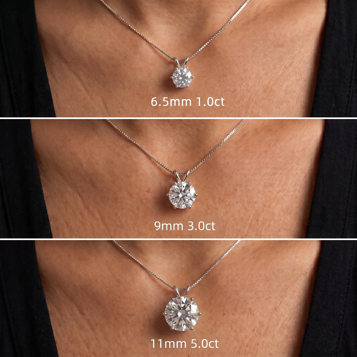 Size comparison of the 6-prong moissanite solitaire necklace in a white gold finish worn on the neck showing 6.5mm 1ct 9mm 3ct and 11mm 5ct - Sensitive Stones